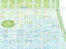 Flat illustration of a planned city grid with park, canal and an elevated train line, an illustration and not an actual photograph or map