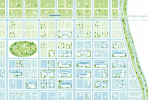 Flat illustration of a planned city grid with park, canal and an elevated train line, an illustration and not an actual photograph or map