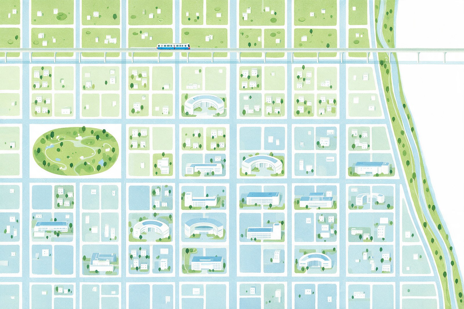 Flat illustration of a planned city grid with park, canal and an elevated train line, an illustration and not an actual photograph or map