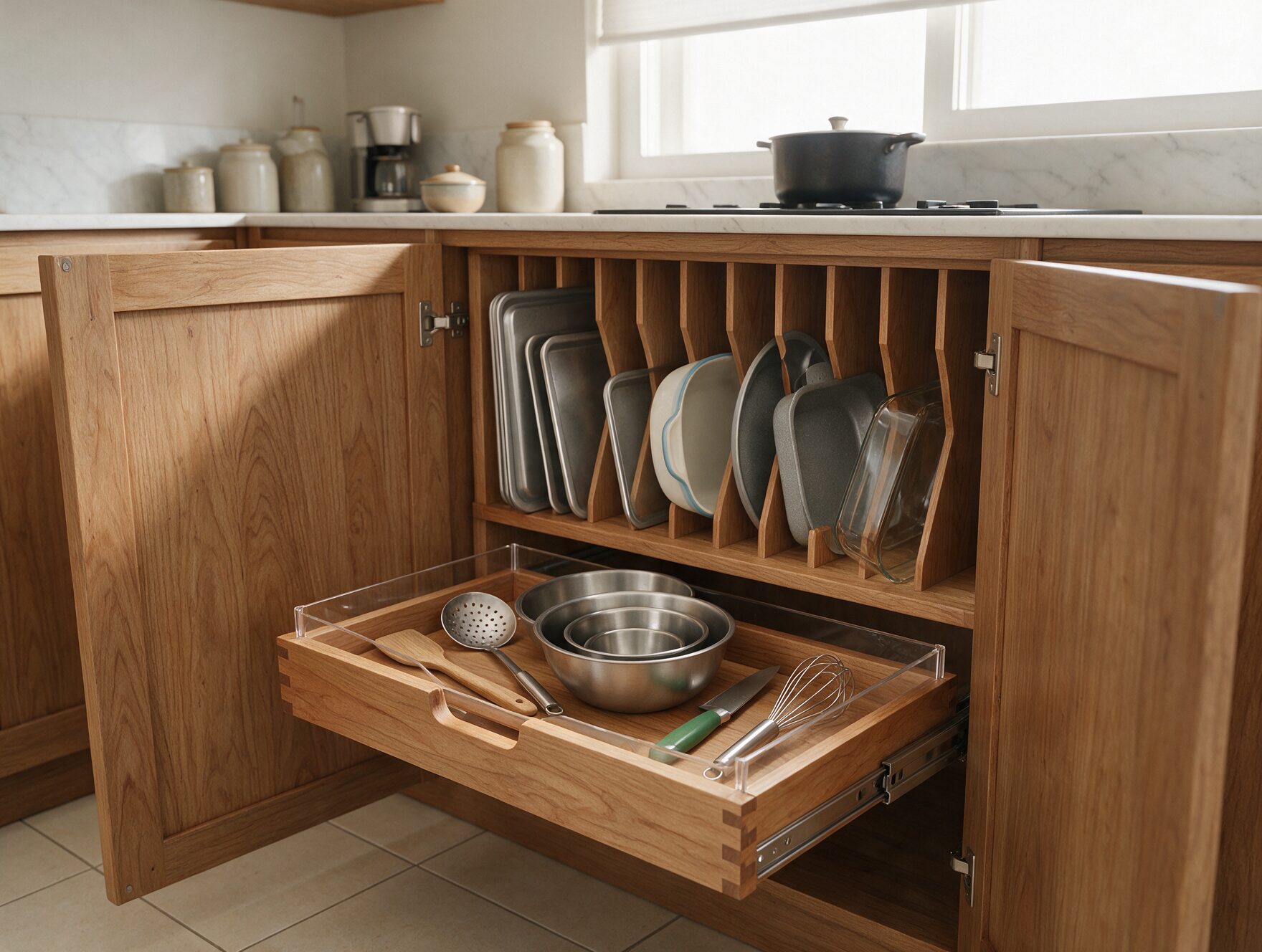 Kitchen cabinet with vertical dividers and pull-out organizers in a small Indian apartment