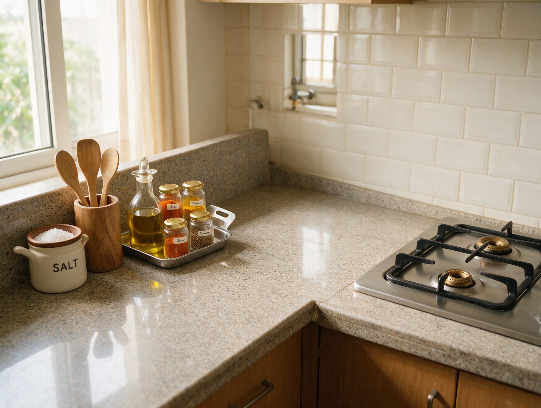Kitchen countertop with daily-use items grouped away from the stove and a clear preparation zone in between