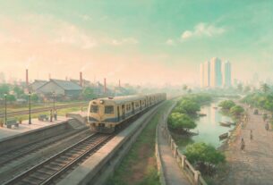 Illustration of a suburban railway station, an industrial estate and a mangrove creek edge in a Koparkhairane-style setting, not an actual photograph