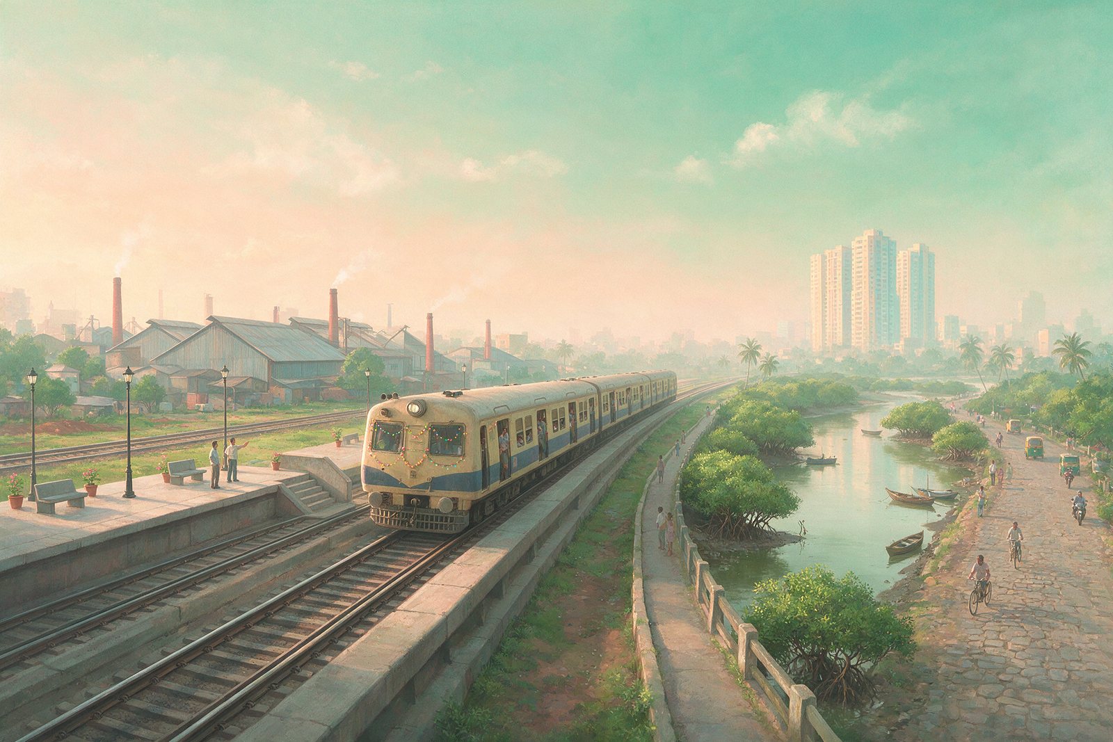 Illustration of a suburban railway station, an industrial estate and a mangrove creek edge in a Koparkhairane-style setting, not an actual photograph