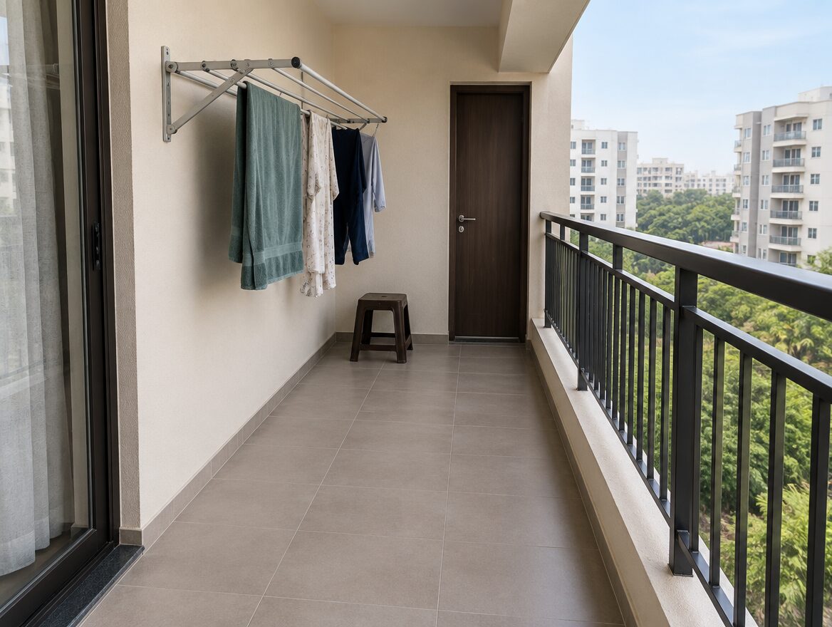 AI-generated illustration of a combined laundry drying rack and seating on a small Indian apartment balcony, stool positioned away from the railing