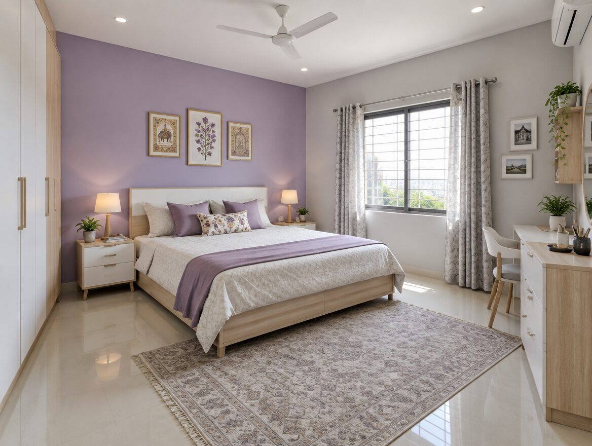 Lavender accent wall with light grey, Indian bedroom colour combination, AI-generated illustrative render