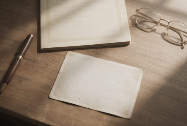 A death certificate, old family photograph, pen and reading glasses arranged on a desk, AI-generated illustrative render