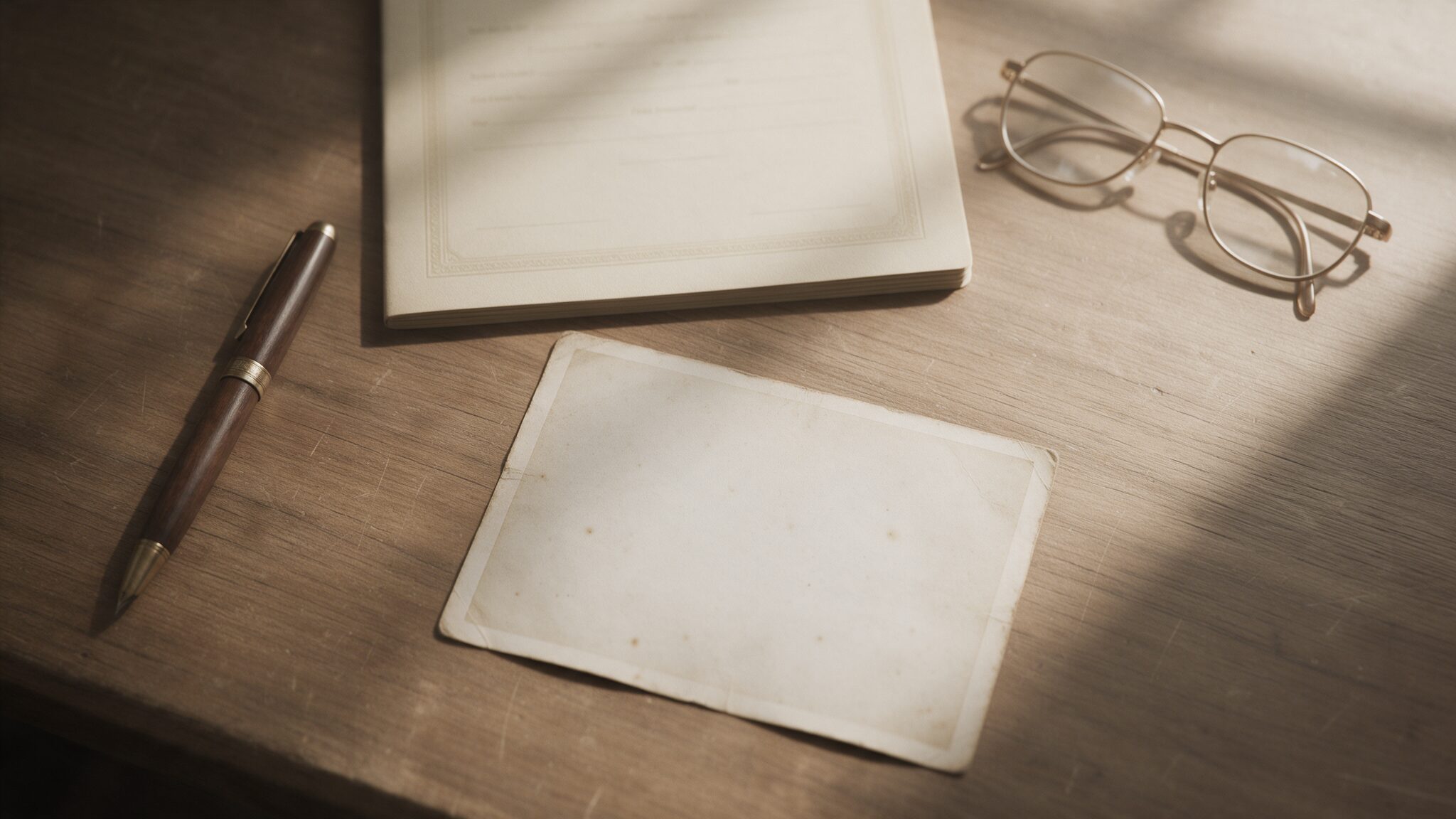 A death certificate, old family photograph, pen and reading glasses arranged on a desk, AI-generated illustrative render