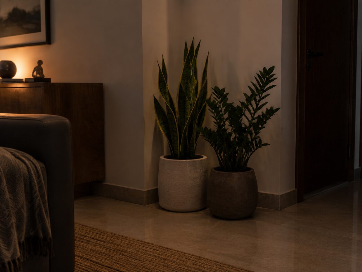 Indoor Plants for Indian Apartments: Choose by Light and Care Needs 4 Low light tolerant indoor plants in a dim corner of an Indian apartment, AI-generated illustrative render