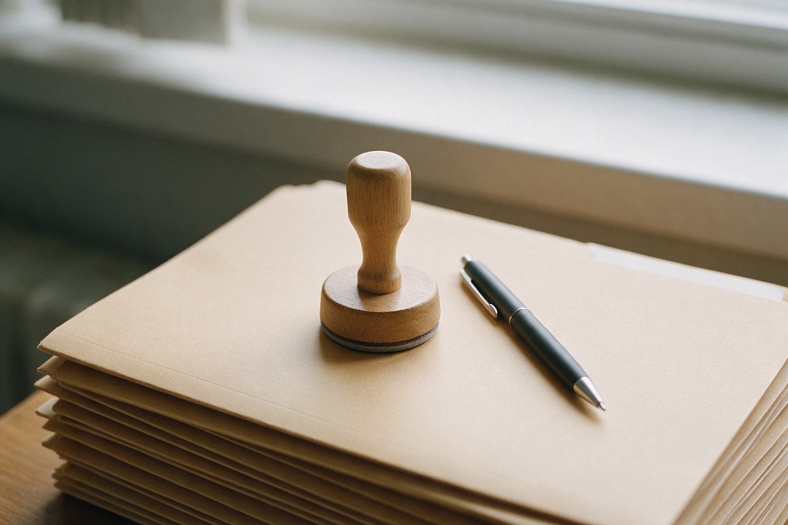 Closed folders with a rubber stamp and a pen on a wooden desk
