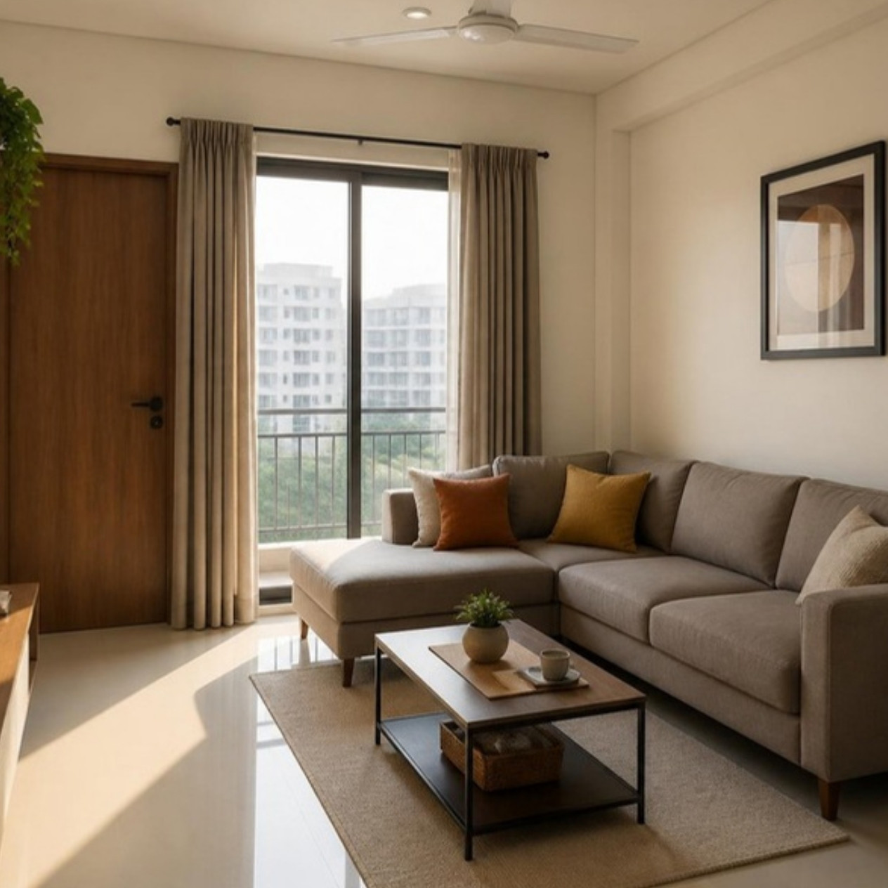 Small Living Room Ideas for Indian Apartments: Layouts, Seating and Storage 3 Small Indian apartment living room with a corner sofa and chaise