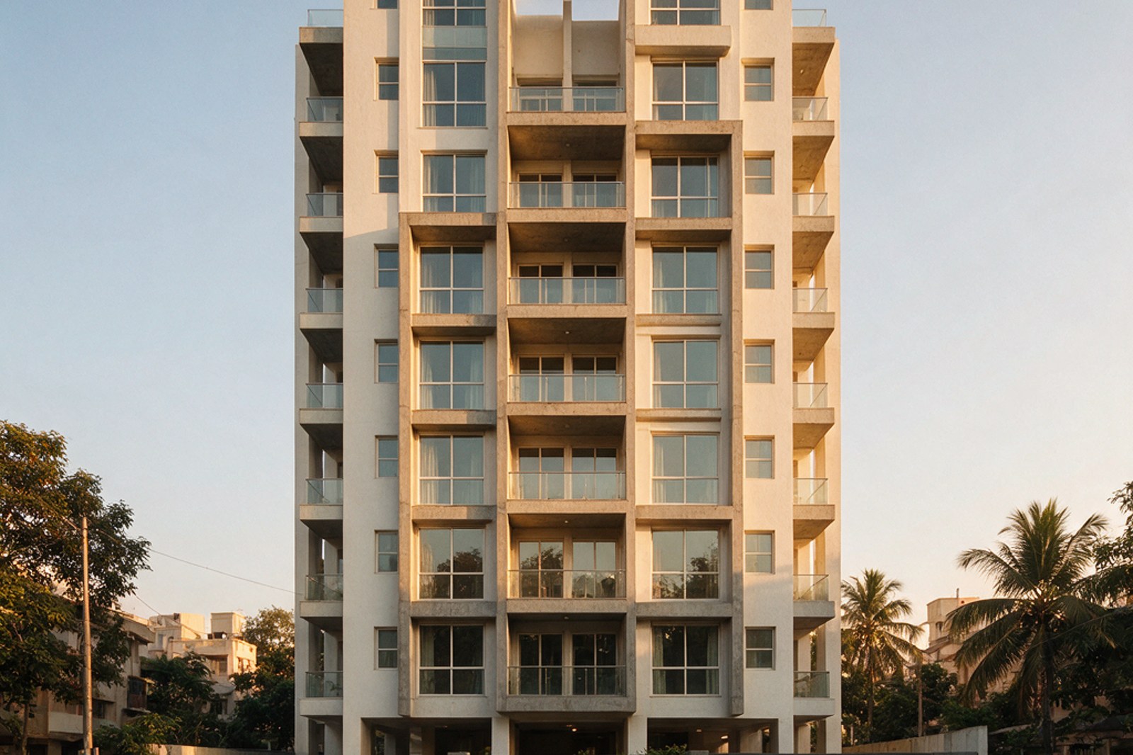 A modern apartment building at golden hour