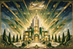 Art deco poster style illustration of a hospital building with an aeroplane overhead, not an actual photograph