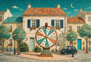 Mosaic style illustration of apartment buildings with a prize wheel, not an actual photograph