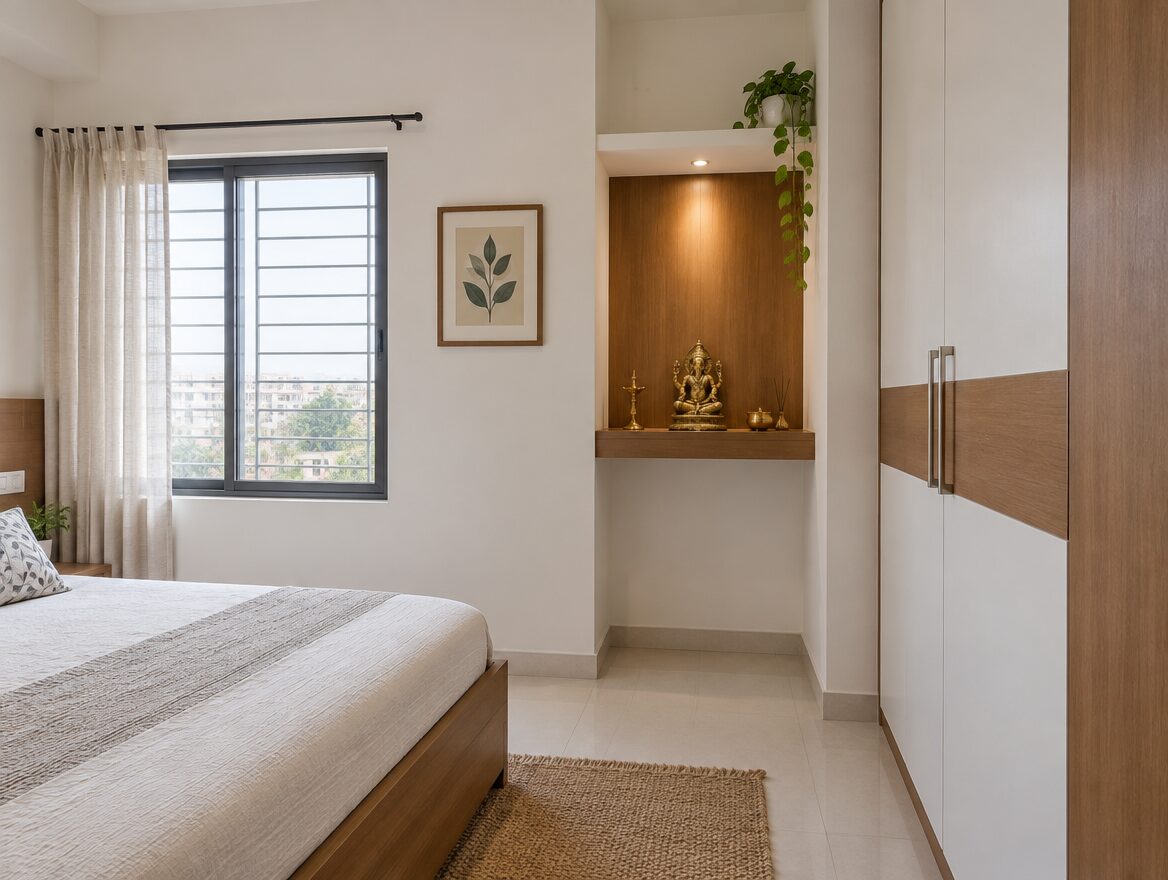 Small Pooja Room Designs for Indian Apartments 7 Compact minimalist pooja niche built into a bedroom wall in a small Indian apartment, AI-generated illustrative render