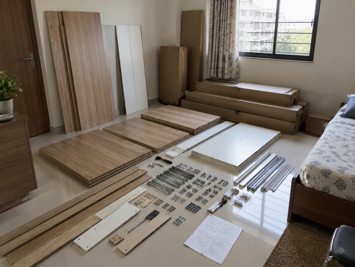 Modular flat-pack wardrobe parts laid out before assembly in a small Indian bedroom, AI-generated illustrative render