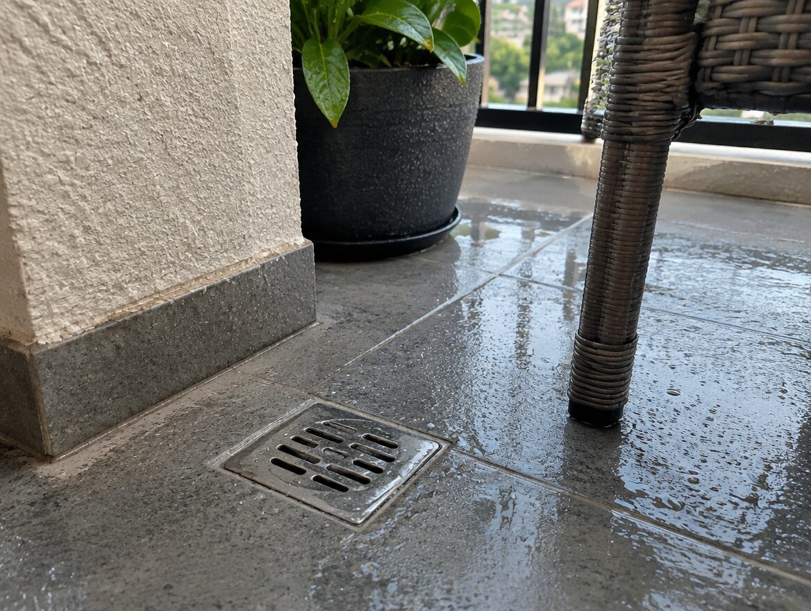 AI-generated illustration of a balcony drain beside a plant pot and chair