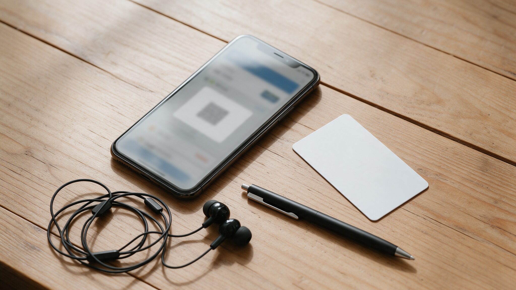 A smartphone with a blurred QR ticket screen, a blank card, earbuds and a pen on a desk, AI-generated illustrative render