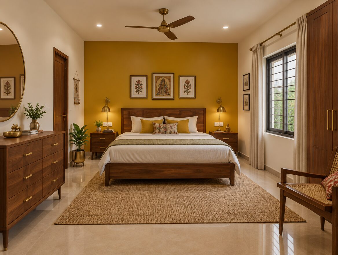 Mustard yellow accent wall with off white, Indian bedroom colour combination, AI-generated illustrative render