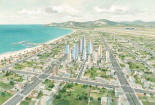 Gouache-style illustration of a planned coastal city with wide roads, towers and an airport in the distance, not an actual photograph