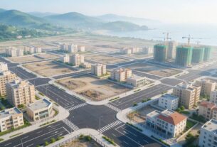 Illustration of a planned urban area with new roads, apartment towers under construction and empty plots near hills and a coast