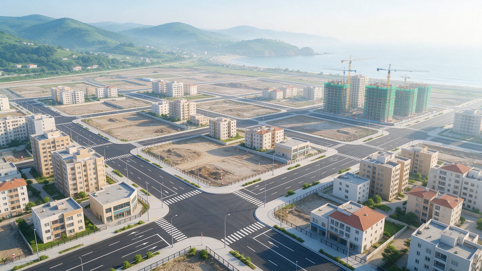 Illustration of a planned urban area with new roads, apartment towers under construction and empty plots near hills and a coast