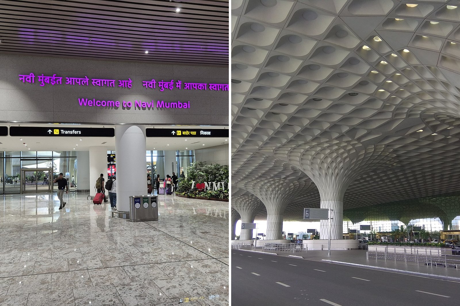 Side by side: the arrivals hall at Navi Mumbai airport on the left and the canopy outside Mumbai airport on the right