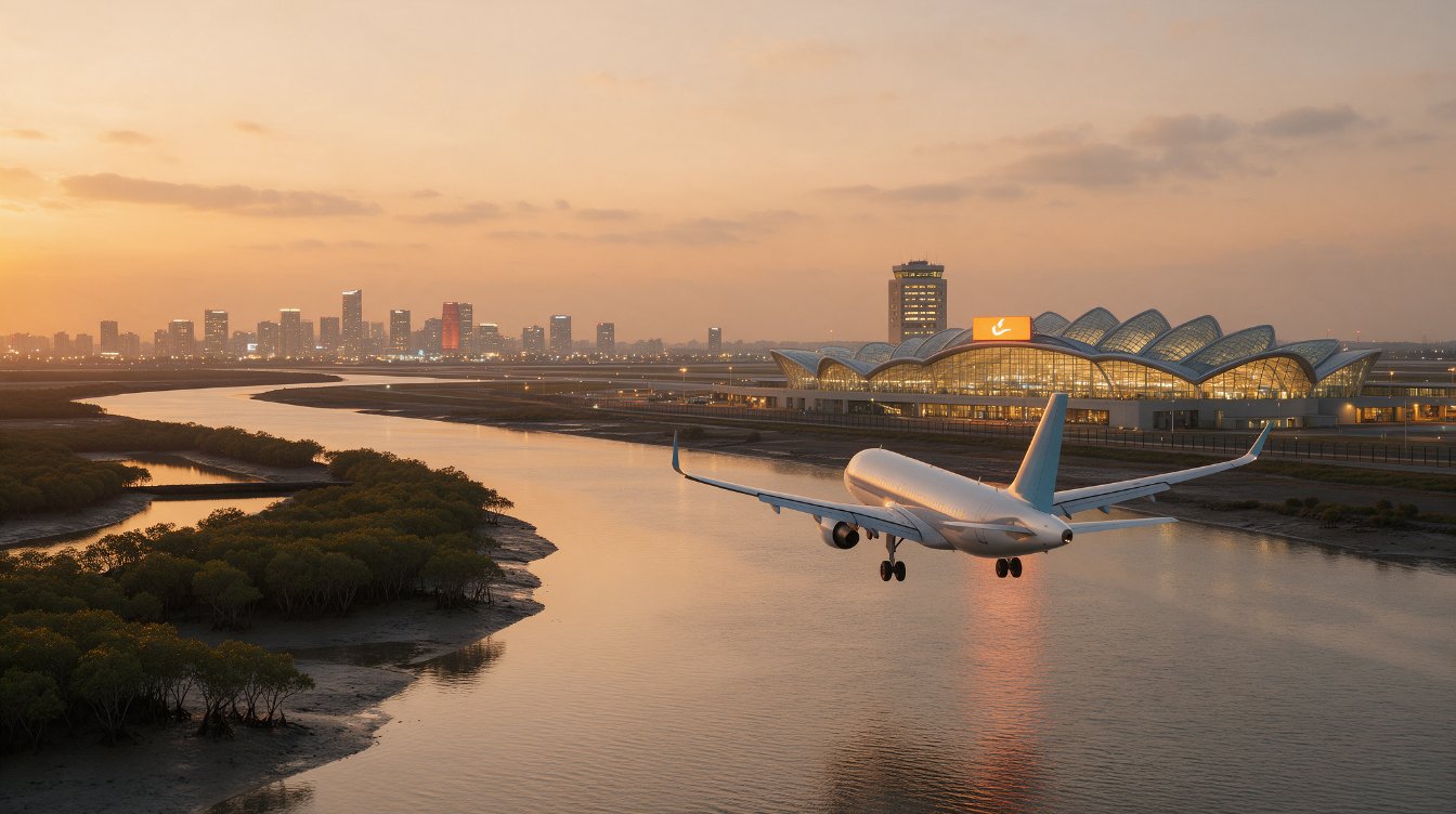 Illustrative AI-generated view of a passenger jet descending toward an airport terminal beside a coastal creek, not an actual photograph of either airport.