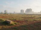 Empty plot with concrete boundary stones and apartment towers in the distance