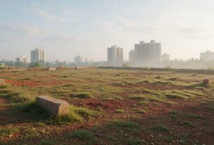 Empty plot with concrete boundary stones and apartment towers in the distance