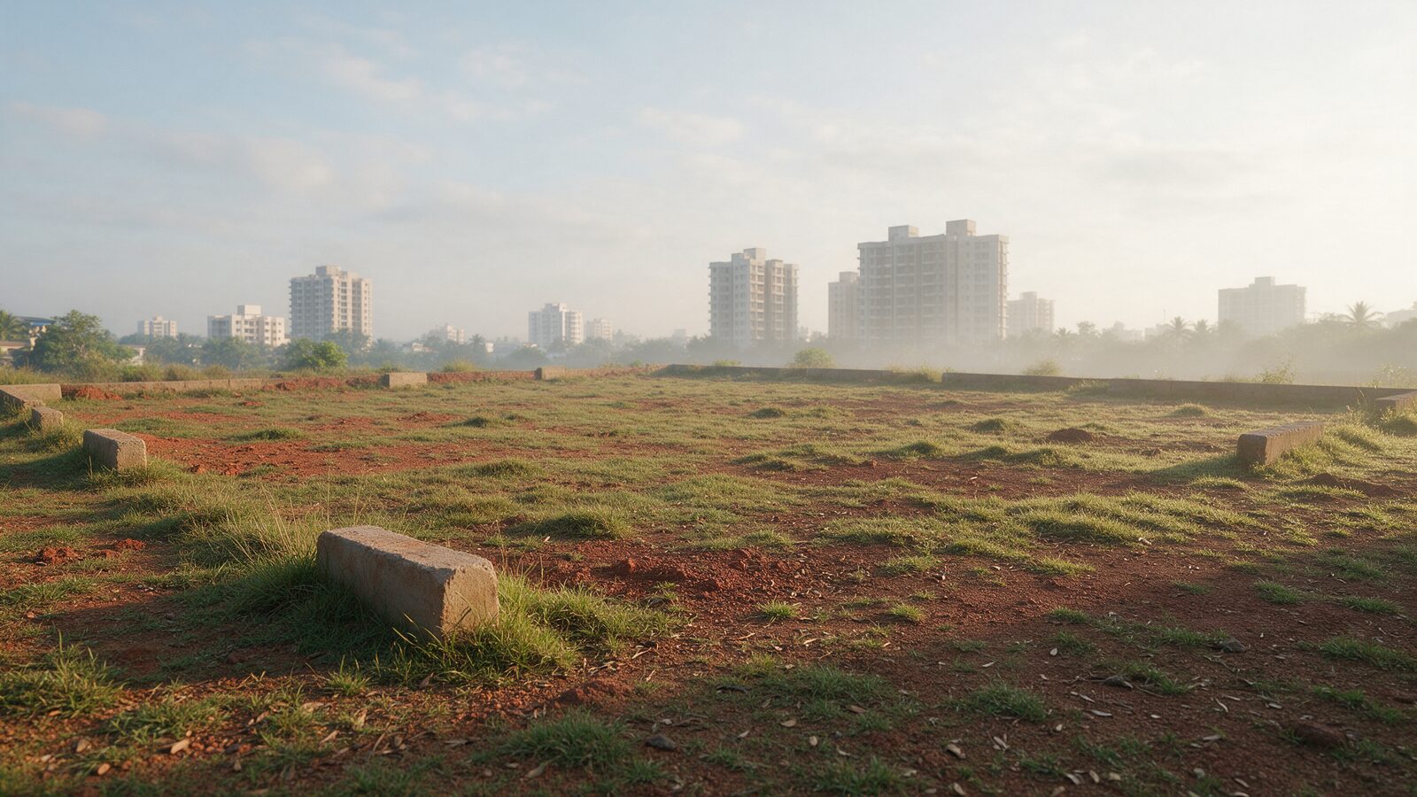 Empty plot with concrete boundary stones and apartment towers in the distance
