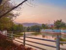 Artificial lake inside Central Park in Kharghar at dusk, with trees, a railing and hills in the background