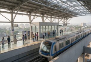 An elevated metro platform with a train arriving, AI-generated illustrative render