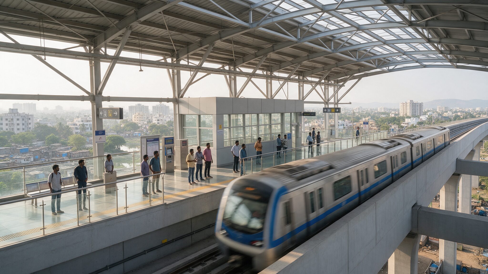 An elevated metro platform with a train arriving, AI-generated illustrative render