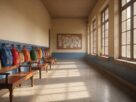 Empty school corridor with backpacks hanging on hooks above wooden benches