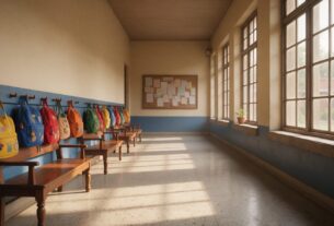 Empty school corridor with backpacks hanging on hooks above wooden benches
