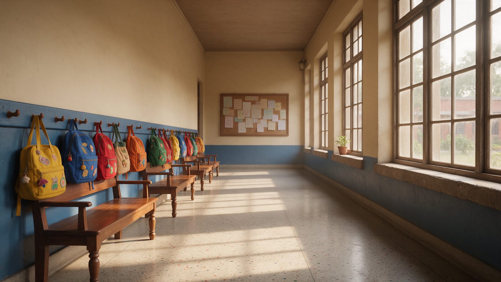 Empty school corridor with backpacks hanging on hooks above wooden benches