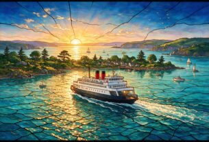 Stained glass style illustration of a car ferry crossing a bay at sunrise, not an actual photograph