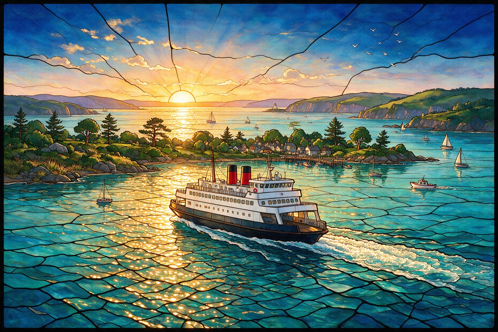 Stained glass style illustration of a car ferry crossing a bay at sunrise, not an actual photograph