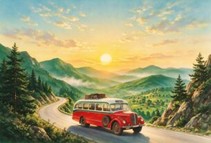 Vintage travel poster style illustration of a bus on a winding hill road at sunrise, not an actual photograph