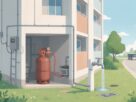 Illustration of a gas cylinder, water tap and electricity meter box outside an apartment block