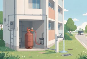 Illustration of a gas cylinder, water tap and electricity meter box outside an apartment block