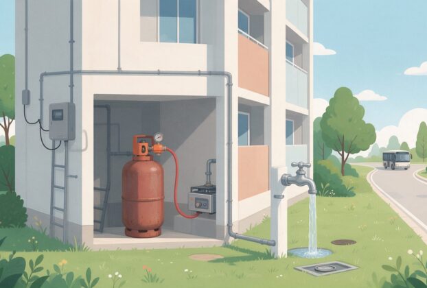 Illustration of a gas cylinder, water tap and electricity meter box outside an apartment block