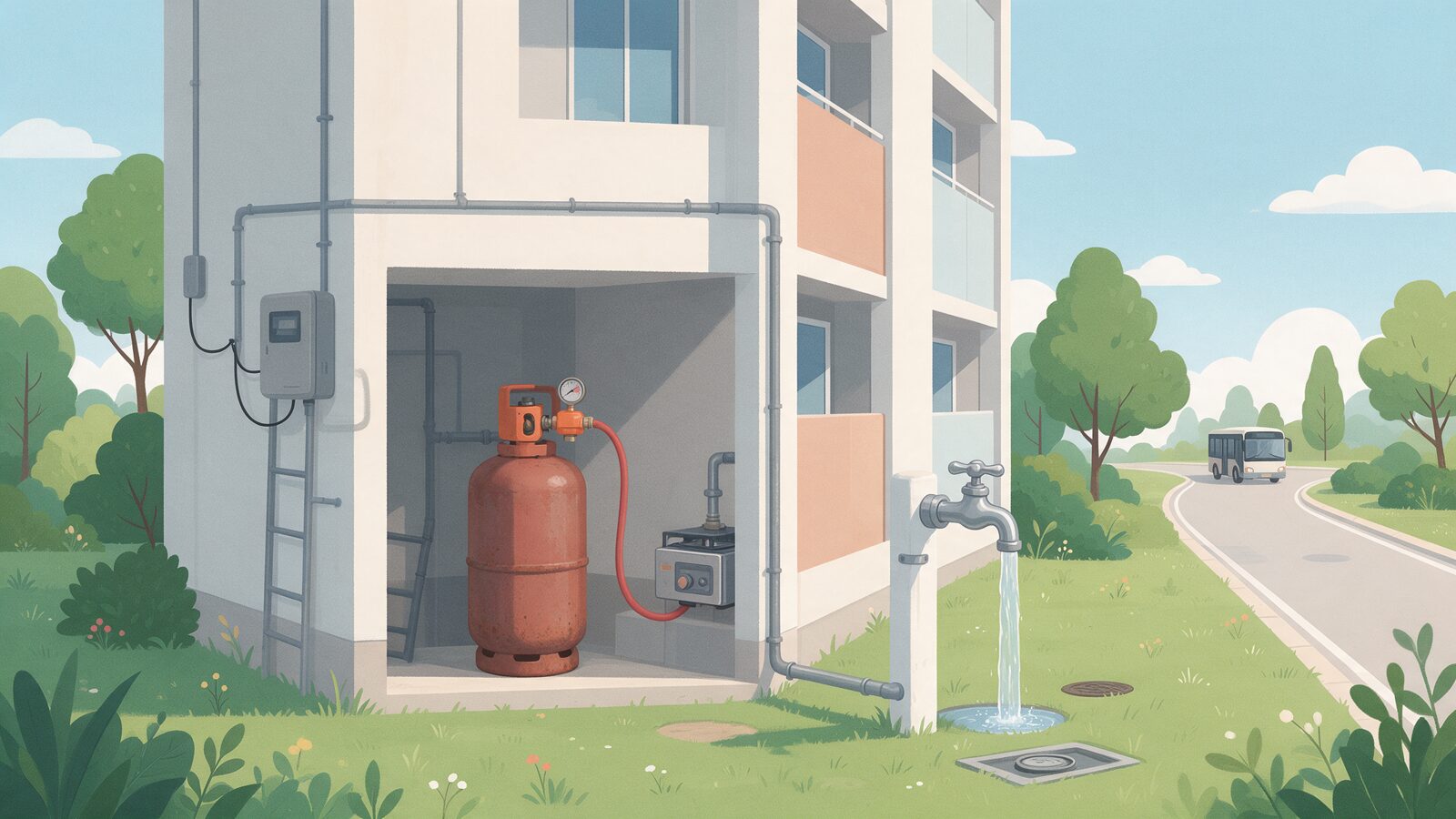Illustration of a gas cylinder, water tap and electricity meter box outside an apartment block