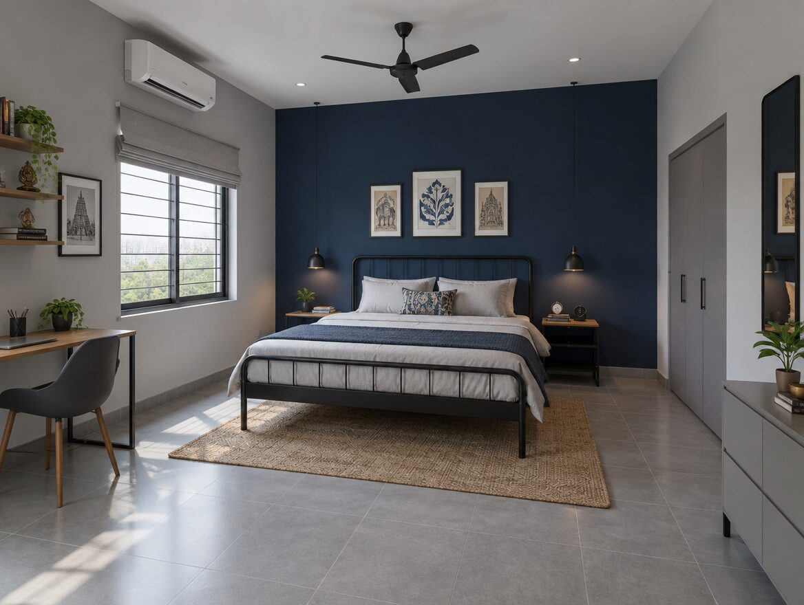 Navy blue accent wall with soft grey, Indian bedroom colour combination, AI-generated illustrative render