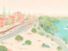 Flat illustration of a suburban railway line running between low apartment blocks and a mangrove and creek shoreline, an illustration and not an actual photograph