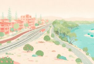 Flat illustration of a suburban railway line running between low apartment blocks and a mangrove and creek shoreline, an illustration and not an actual photograph
