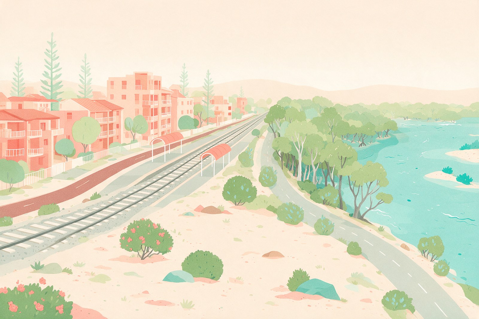 Flat illustration of a suburban railway line running between low apartment blocks and a mangrove and creek shoreline, an illustration and not an actual photograph