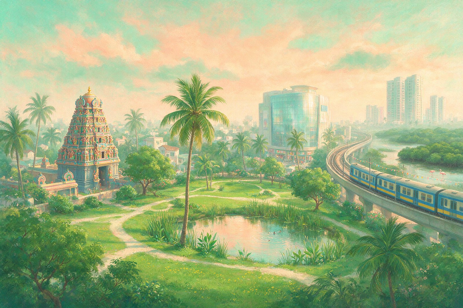 Illustration of a temple gopuram, park, mall, elevated train and mangroves in a Navi Mumbai neighbourhood, not an actual photograph