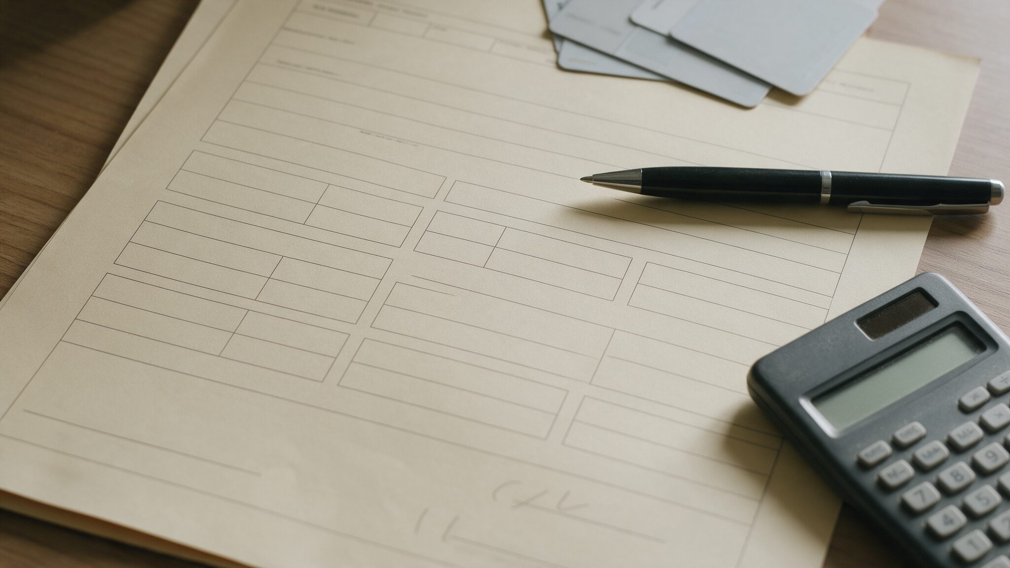 Income and identity documents, a pen and a calculator arranged on a desk, AI-generated illustrative render