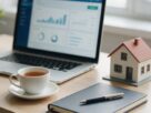 A laptop with a banking dashboard on a desk beside a cup of tea and a small house model